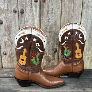 Rare Vintage Montana Women's Cowboy Boots With Western Themed Inlays